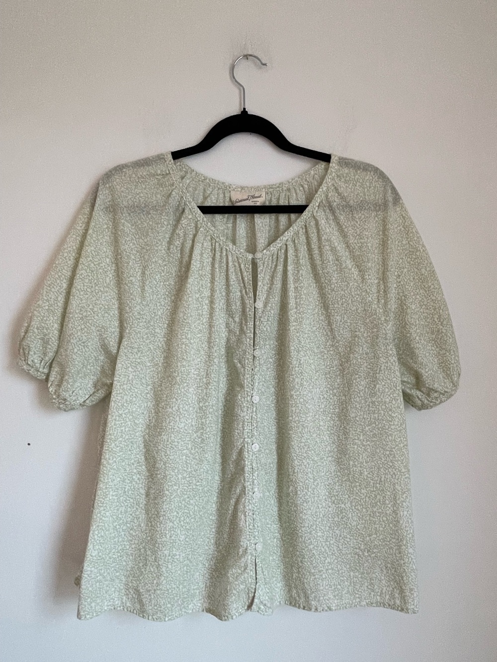 100% Cotton Green White Puff Sleeve Button Up Top Size L Flowy Cottagecore